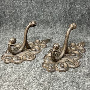 Vintage Cast Iron Wall Hooks Set of TWO Ornate Scrollwork Heavy Elegant Pair